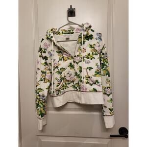 Cabi Siz Large Pasley Floral Zip Sweater Hoodie Spring in Cream White and Green